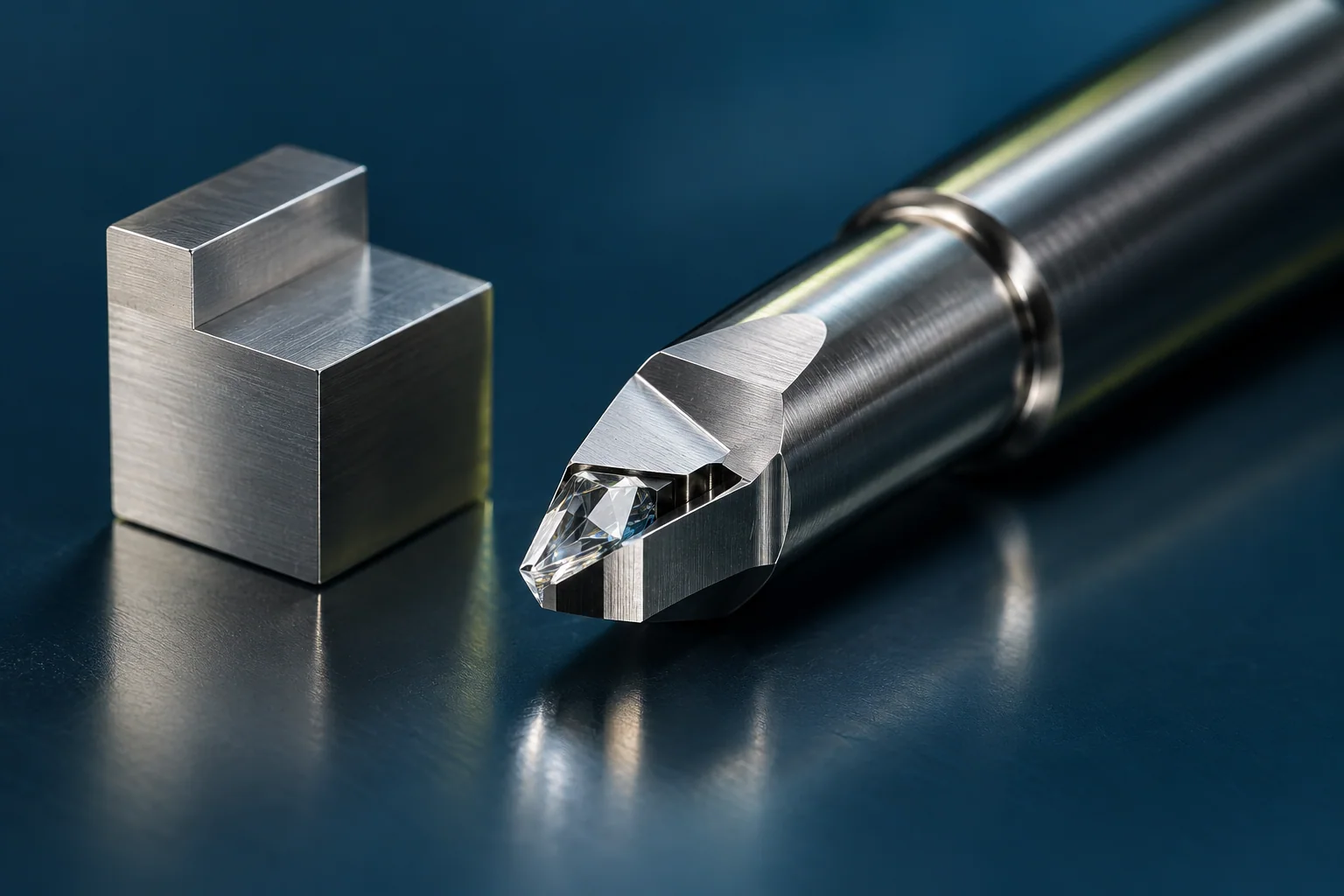Konzeptdarstellung eines Diamantwerkzeugs und eines mechanischen Bezugsblocks