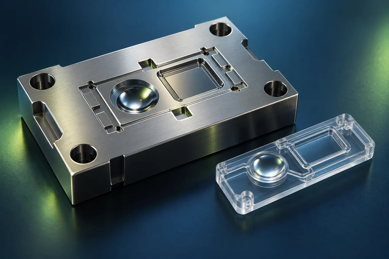 Metalleinsatz mit optischer Linsenkavität neben einem transparenten Kartuschenkonzept – KI-generierte Konzeptdarstellung, kein gefertigtes Bauteil