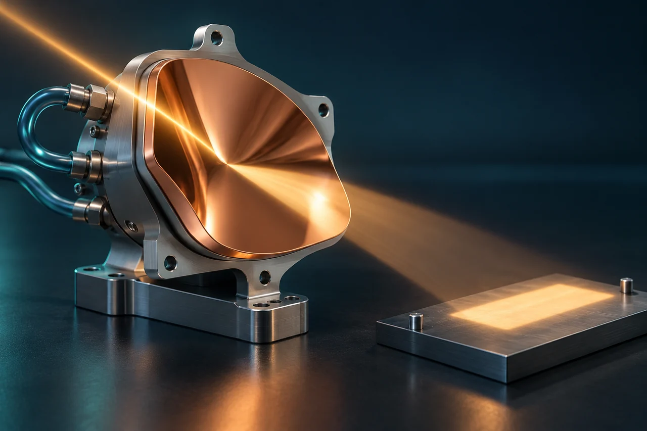 Freiform-Kupferspiegel mit gekühlter Rückseite und schematischem rechteckigem Lichtfleck in der Arbeitsebene – KI-generierte Konzeptdarstellung, kein gefertigtes Bauteil